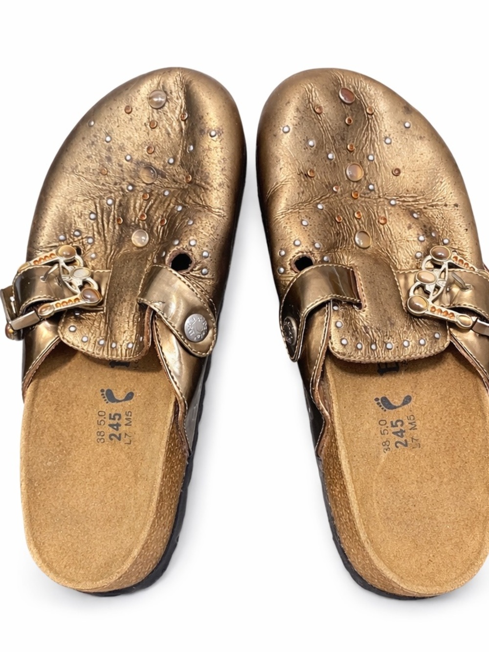 Pre-owned Birkenstock Boston by Birki’s Gold Slip-On Sandal 38/7 Women’s